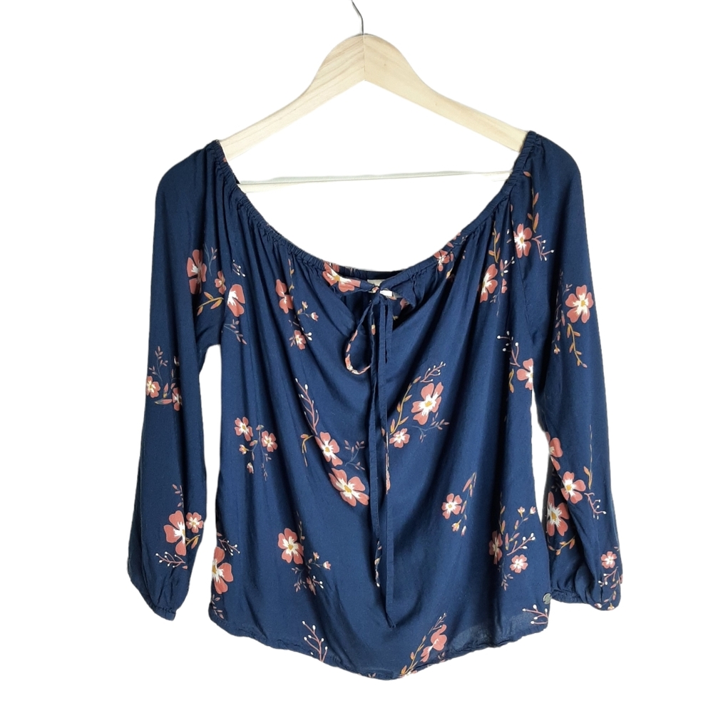 Roxy Peasant Blouse Top Blue Floral
